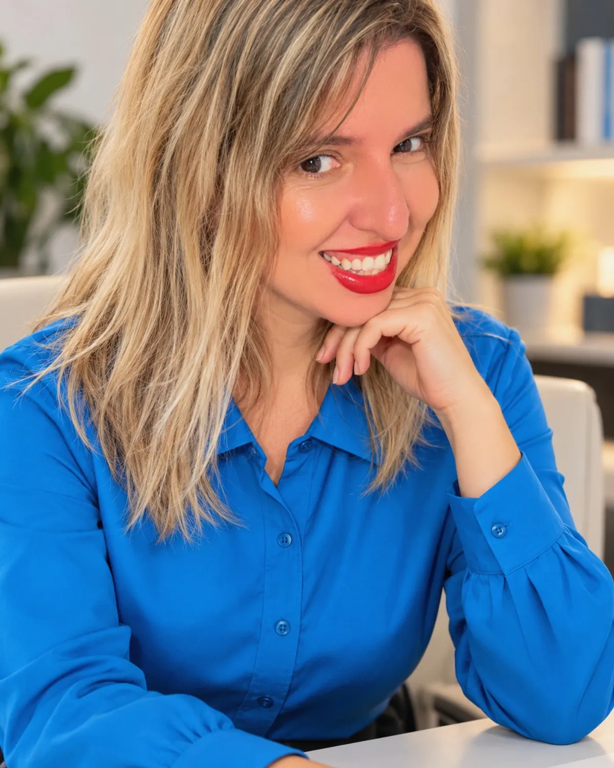 Retrato de Renata Mendes com roupa azul